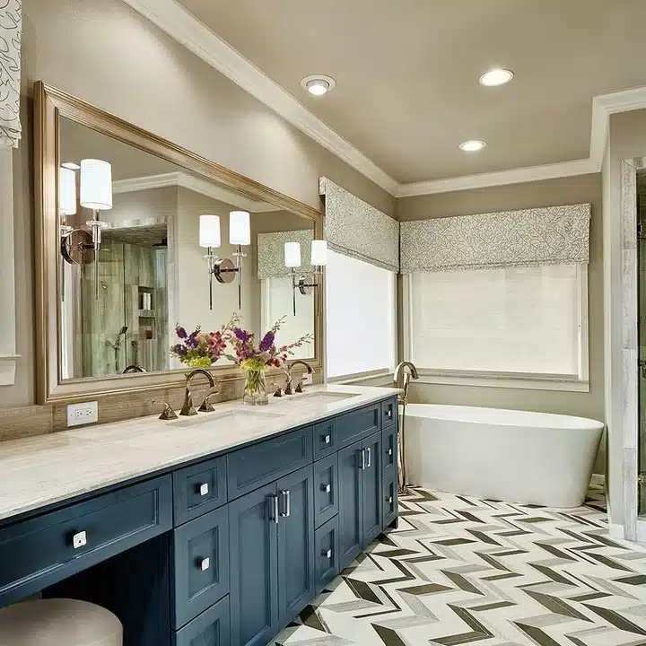Bathroom with a navy blue vanity